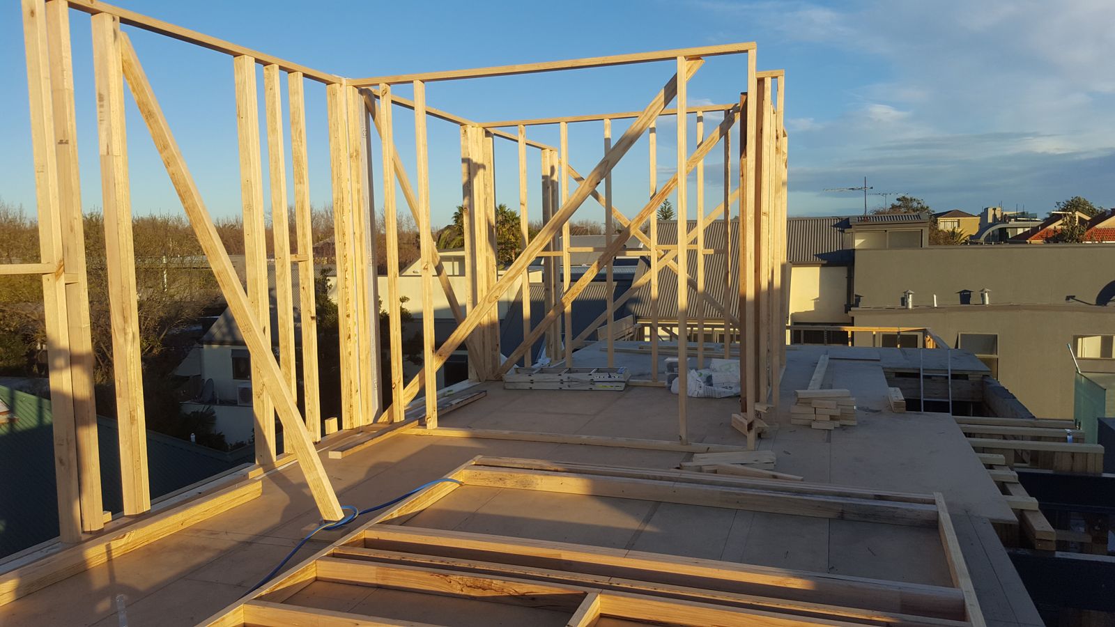 Upper-floor timber frames on a St Kilda new build