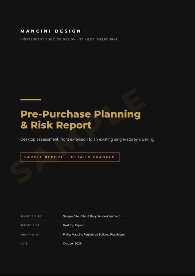 Sample Pre-Purchase Planning and Risk Report cover page