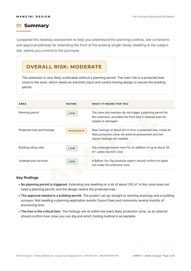 Sample report summary page with overall risk rating